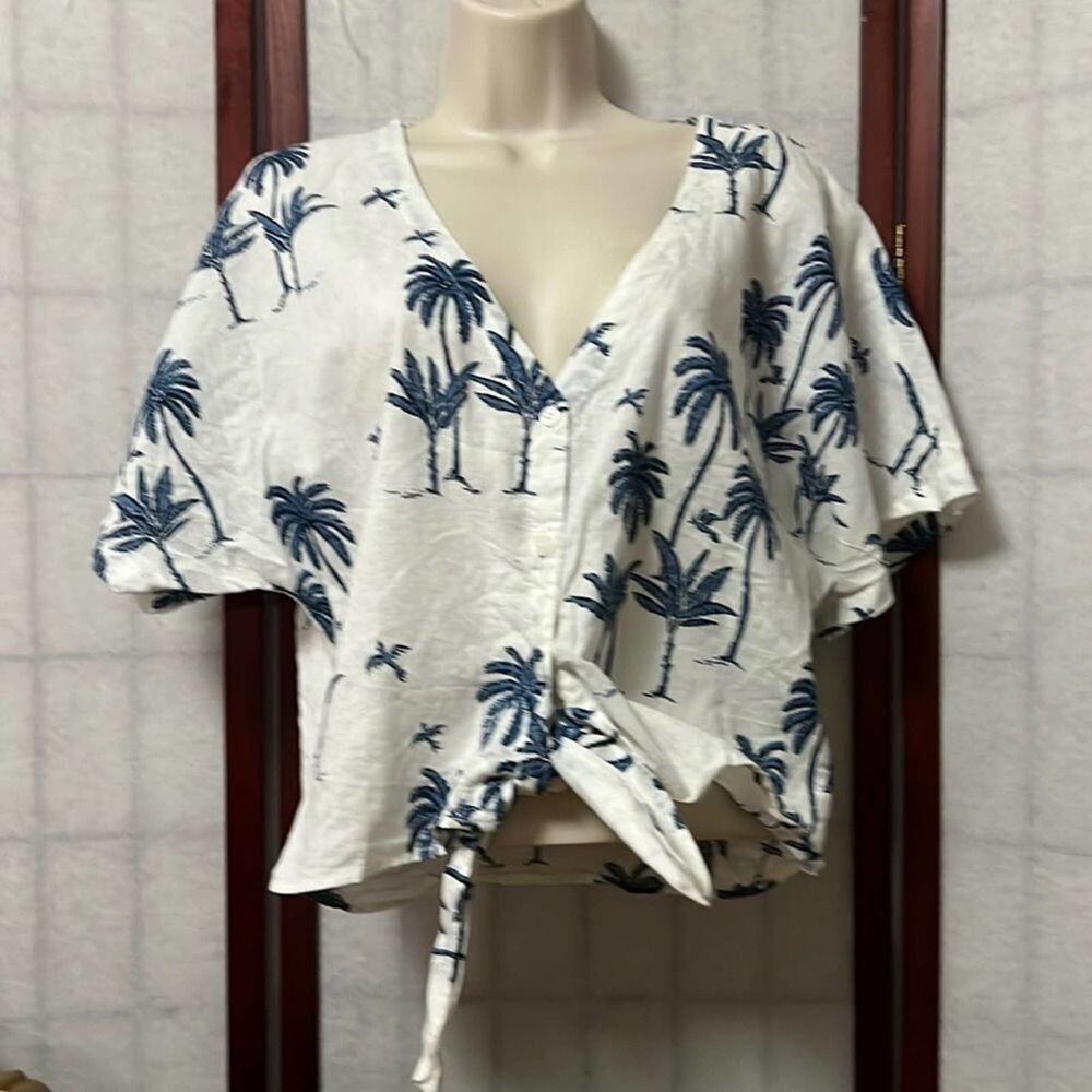 DESMOND & DEMPSEY X H&M LINEN BLEND KNOT FRONT BLOUSE SIZE S